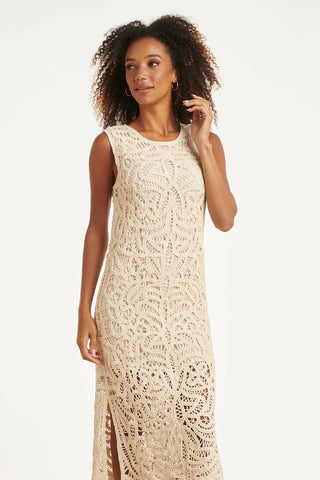 Elegant Crocheted Dress With Floral Print In Off-White