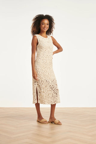 Elegant Crocheted Dress With Floral Print In Off-White