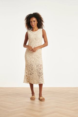 Elegant Crocheted Dress With Floral Print In Off-White
