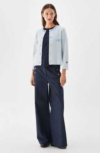 Elle Kort Rutig Stickad Jacka Ull Ljusblå