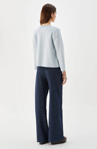 Elle Kort Rutig Stickad Jacka Ull Ljusblå