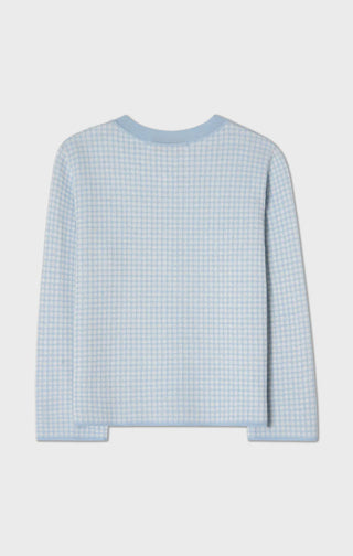 Elle Kort Rutig Stickad Jacka Ull Ljusblå