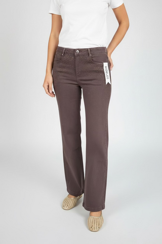 WIDE LEG JEANS STRETCH BROWN STRASS