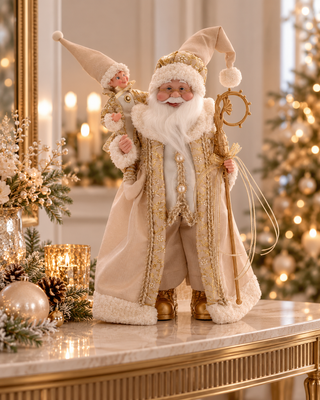 GOLDEN SANTA WITH ELF 46CM